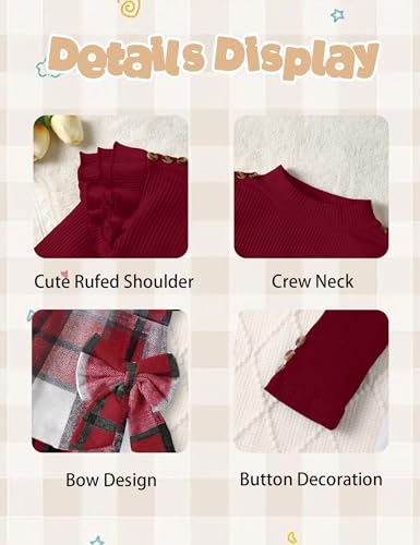 Image of Girls Clothes 2 Piece Ruffle Long Sleeve Shirt Top and Bow Plaid Skirt Set Girls Fall Winter Outfits 6-16 Years