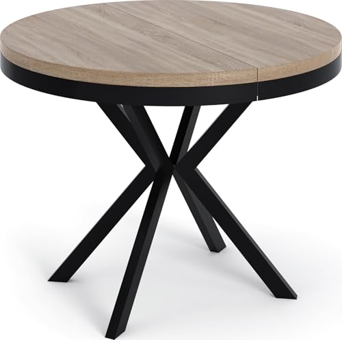 WFL GROUP Table à Manger Extensible Ronde - Table Style Loft avec Pieds en Métal - 90 à 170 Cm - Table Ronde Style Industriel pour Le Salon - Compacte - Chêne Sonoma...