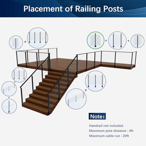 Image of Side Mount Inner Corner Post 42 inch (Post Body 47.6 inch), Fixed Top Three Side Drilled Corner Post Cable Railing, Black Stainless Steel 304 Fascia Mount Metal Post with Inner Terminal & Cable Grommet