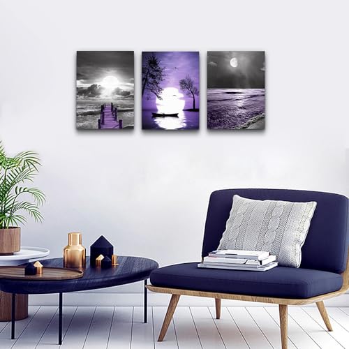 DZRWUBHS Frame Wall Decor For Living Room Inspiration Canvas Wall Art For Bedroom Office Decorations Black And White Wall Pictures Artwork Purple ocean Landscape Painting Modern Large Home Decor