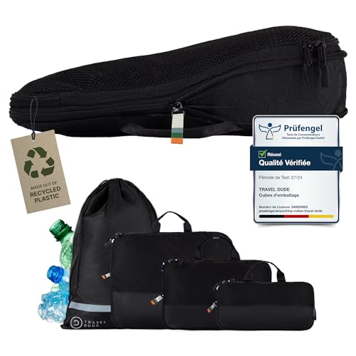 Travel Dude Organisateur Valise Compressible – Sac de Compression Voyage, Packing Cubes et Pochette Rangement Valise – Idéal pour Rangement Valise et Organisation de Voyage (4 pièces, Noir)