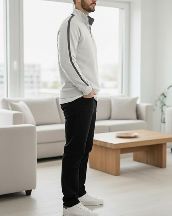 Image of Men's Quarter Zip Pullover Sweater with Contrast Stripe, Long Sleeve Athletic Casual Sweatshirt for Winter Wear, Black