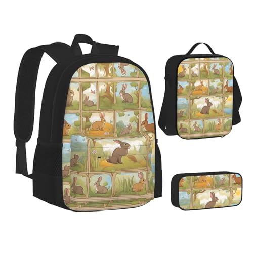 Cartoon Cute Animals Rabbit 3-Piece Set Backpack, Lunch Bag, And Pencil Case, Casual Cute Sets For Travel And College2