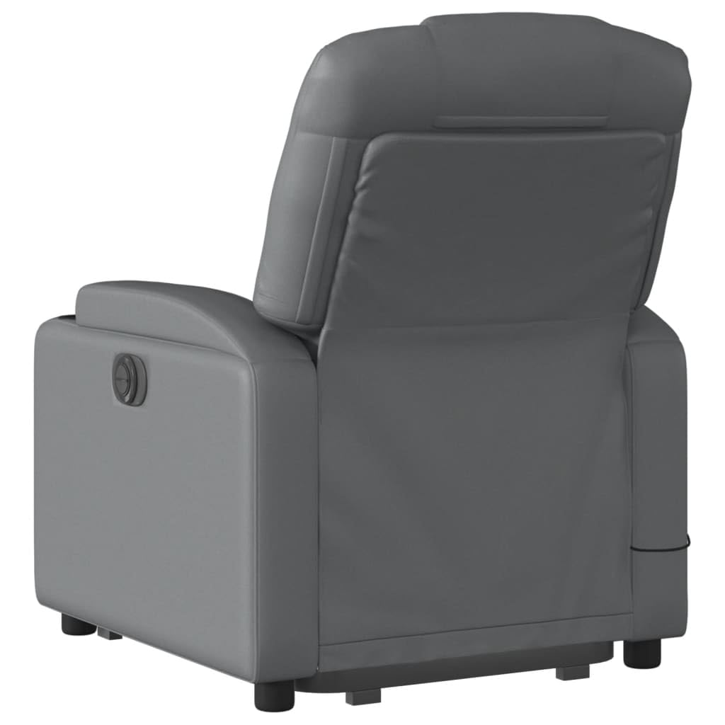 Sillón elevador reclinable con masaje por vibración, color gris piel sintética, función de elevación eléctrica y reclinación manual, 6 puntos de masaje, estructura estable