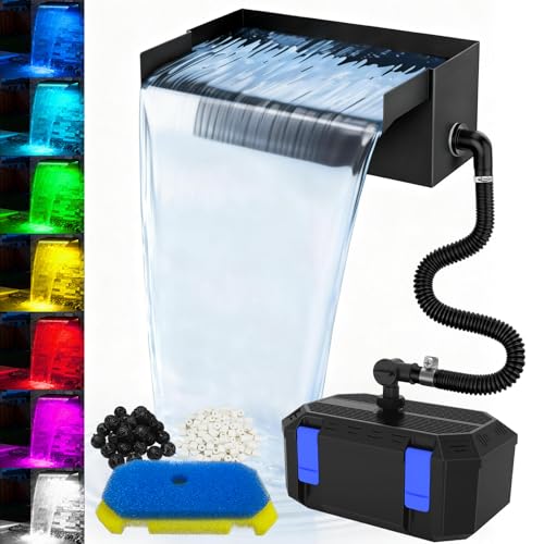 All-in-1 Pond Waterfall Kit | 550GPH Pond Filter Pump | 8-inch Stainless Steel Waterfall Spillway | Remote Control LED Lights | 4-Stage Filtration Outdoor Waterfall for Water Feature Garden Pool