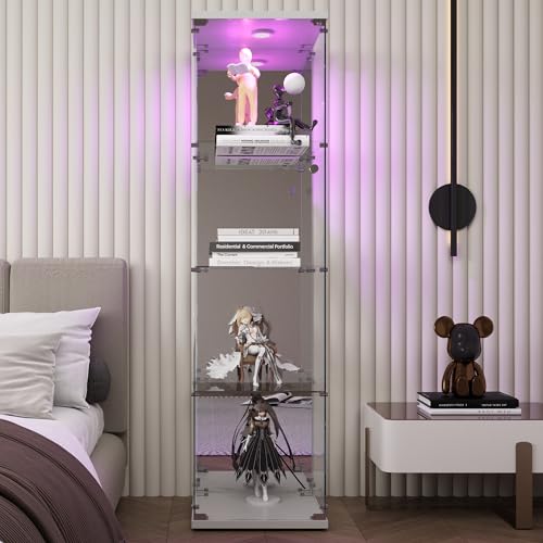 LLODERY Vitrine aus gehärtetem Glas, 164 x 36,5 x 42,5 cm, Vier-Vitrine mit LED-Licht und DREI Trennwänden aus Glas, kann für Wein, Bücher, geeignet für Wohnzimmer, Büro (weiß)