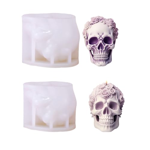 3D Skull Candle Mold,Rose Flower Skull Candle Molds Aromatherapy Candle,Skeleton Skull Epoxy Resin Mold for DIY Candle Making,Home Decor,2pcs