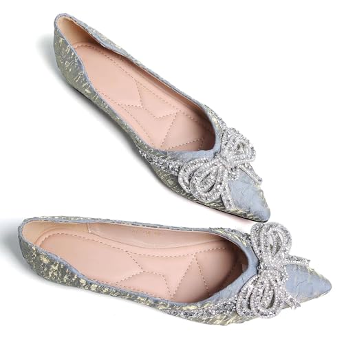TN TANGNEST Womens Ballet Flats Shiny Rhinestone Bowknot Pointed Toe Dress Flats Cute Slip On Flat Shoes Comfortable Wedding Party Flats Blue 40(7.5)3