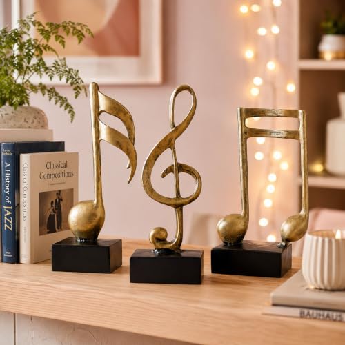 Image of Gold Finish Musical Notes Statues | Beautiful Home Decor | (Pack of 3, Golden & Black)
