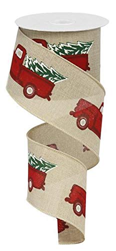 Image of Pickup Truck Wired Christmas Ribbon - 2 1 /2 inch x 10 Yards, Natural Faux Burlap, Red Truck with Christmas Tree, Decor for Wreaths, Garlands, Swags, Bows, Boxing Day, Winter