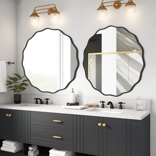 Image of WallBeyond Round Wavy Mirror for Wall Decorative 32 inch, Modern Round Mirror Aluminum Frame for Bathroom Bedroom Living Room Home House Office Entryway, Black