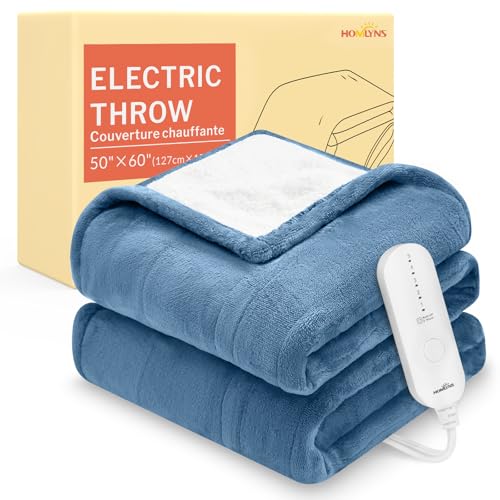 Image of HOMLYNS LuxeHeat Heated Blanket Electric Blanket, Soft Flannel Sherpa Heated Throw, Heating Blanket with 5 Heat Settings, 3 hrs Timer Auto Shut Off (50x60 inches, Blue), Only for 120V Voltage Use
