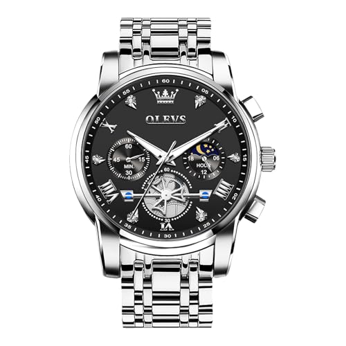 Image of OLEVS Men Watches Stainless Steel Chronograph Watch, Large Wrist Analog Quartz Watch, Fashion Waterproof Diamond Roman Numerals Dress Watches for Men, Gold /Black /White /Blue /Grey Dial