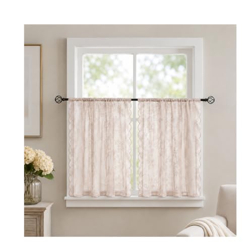 Image of piercing Curtains for Kitchen, Lace Curtains, Kitchen Window Curtains, Sheer Curtains, Kitchen Curtains 29 inchx39 inch Lace Tier 1-Panel Rod Pocket Floral Scalloped Cafe Light Filter White (Style 3)