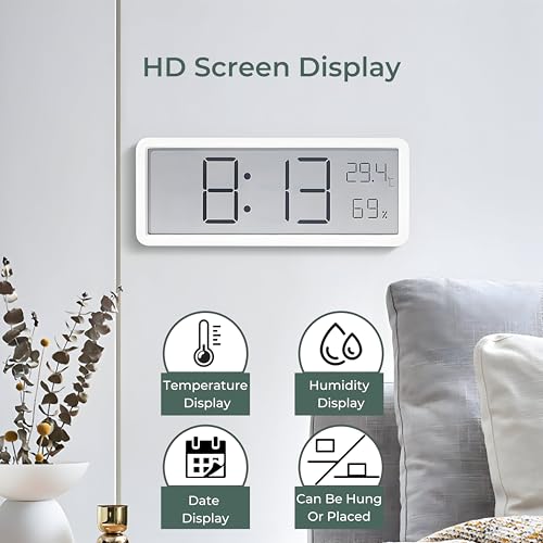 Image of DeWire Temperature and Humidity Monitor Hygrometer with Digital Clock - Large HD INS Display Wall or Desk Clock with Date, Easy Setup, AAA Battery Power