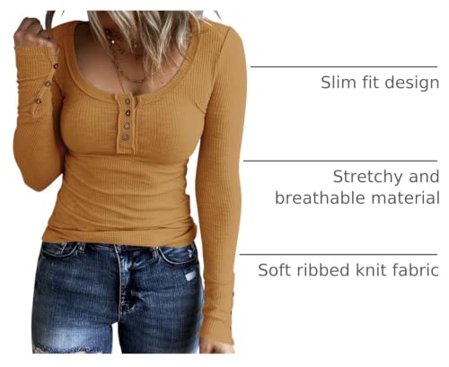 Image of KINLONSAIR Women Long Sleeve Henley Shirts Scoop Neck T-shirt Basic Tops