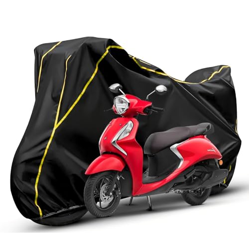 Image of Waterproof Bike Body Cover Compatible with Yamaha Fascino Dustproof Scratchproof - Motorcycle Cover for Two Wheeler, Outdoor Full Cover with UV, Duty, Rain Protection (Black & Yellow) R1