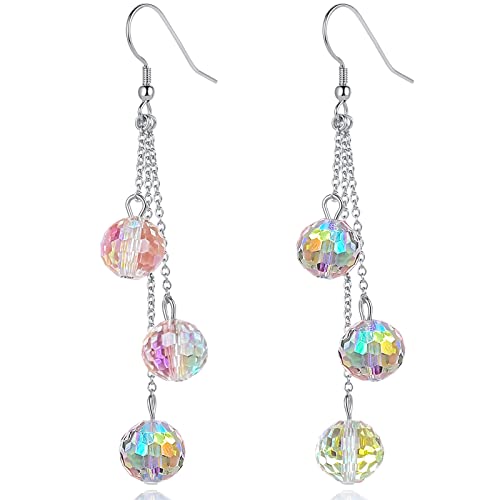Sparkly Disco Earrings for Women Party Prom Glass Crystal Drop Dangle Earrings Disco Jewelry Glitter Ball Beads Earrings Dangling 925 Sterling Silver Hook Earring