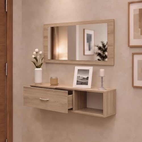 DORMIDAN- Mueble recibidor con cajón más Espejo, 1m de Ancho, (Roble)