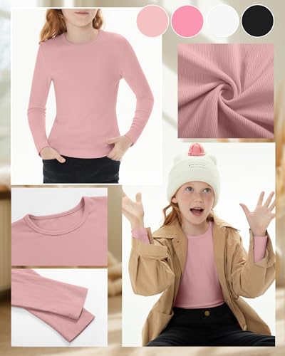 Image of 4 Pack Girls Long Sleeve Shirts Ribbed Knit Cotton Crewneck Tops Slim Fit Soft Casual Kids Base Layer Undershirts