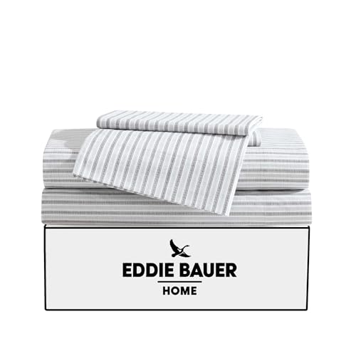 Image of Eddie Bauer - King Sheet Set, Cotton Percale Bedding Set, Super Soft and Bedding Set, Oeko-Tex Certified (Ticking Stripe Grey, King)