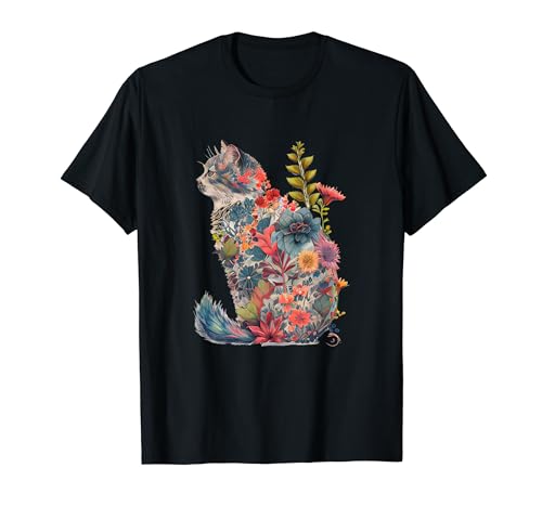 Floral Cat with Flowers Plant Gardener Colorful Cats Lover T-Shirt