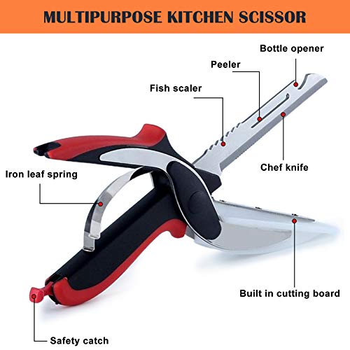 O'woda Clever Cutter 2-in-1 Knife and Cutting Board Stainless Steel Multipurpose Kitchen Scissors Food Chopper Fruit Vegetable Slicer with Garlic Press Suitable for Outdoor Picnic Barbecues, Kitchen