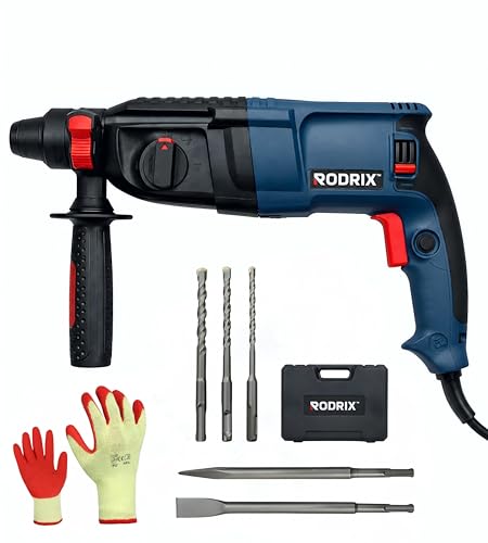 Image of RODRIX RD26 Rotary Hammer Drill Machine, 1600W Copper Motor, 1100 RPM, 4900 BPM, 26mm SDS Plus Chuck, 3 Modes, Forward & Reverse Function, Drill Bits & Chisels Included, 6 Months Warranty