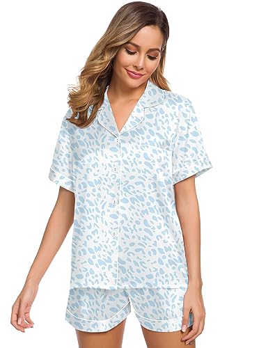 Image of SWOMOG Women Pajamas Set Silk Satin Short Sleeve Sleepwear Button Down Loungewear Pjs