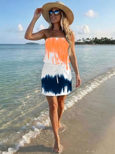 Image of Summer Dress for Women Strapless Beach Cover Ups Boho Sundress Mini Dress Drawstring Waist with Pockets