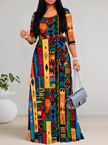Image of PinkPatty Plus Size Maxi Dress for Women Casual V Neck 3 /4 Sleeve Boho Printed Long Dress with Pockets