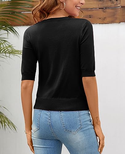 Image of Women Summer Knit Shirt Blouse V Neck Short Sleeve Pullover Sweater Tops