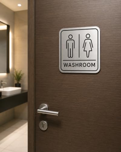 Image of Premium Acrylic Washroom Door Sign | Brushed Silver Finish Self-Adhesive Signage for Hotel, Office, Resort, Society, Corporate, Hospital & Commercial Spaces | Elegant Bathroom Door Sign