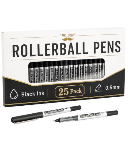 Mr. Pen- Rollerball Pens, 25 Pack, Black Ink, Fine Point Roller Ball Pens