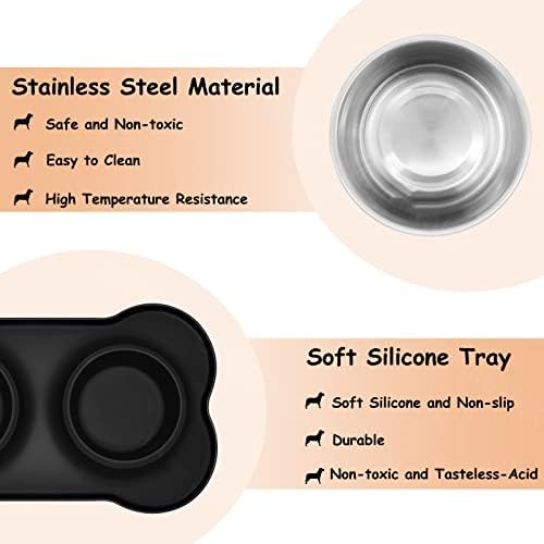 Dog Bowl 2 x 400ML Non Slip Stainless Steel Double Bowls with Non-Spill Silicone Mats Tray for Dogs Puppies Cats Food Water Feeding (M, 14oz Each Bowl, black)