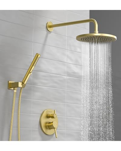 Image of Lava Odoro Modern 2-Setting Round Rain Shower System, Gold Rainfall Shower Faucet Set Rain Shower Head and Handle Set, Shower Valve Trim Kit, 10 Inch, Brushed Gold, SF104-SG