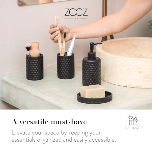 zccz Bathroom Accessory Set, 6 Piece Black Bathroom Accessories Set with Trash Can, Toothbrush Holder, Toothbrush Cup, Soap Dispenser, Soap Dish, Toilet Brush with Holder, Trash Can, Black - Image 7