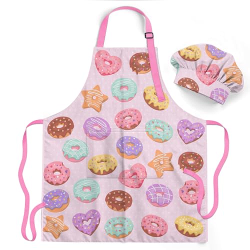 SANDJEST Donut Kid Apron for Girls with Pocket & Chef Hat Polyester Cooking Baking Art Gardening Apron Gift for Christmas Birthday