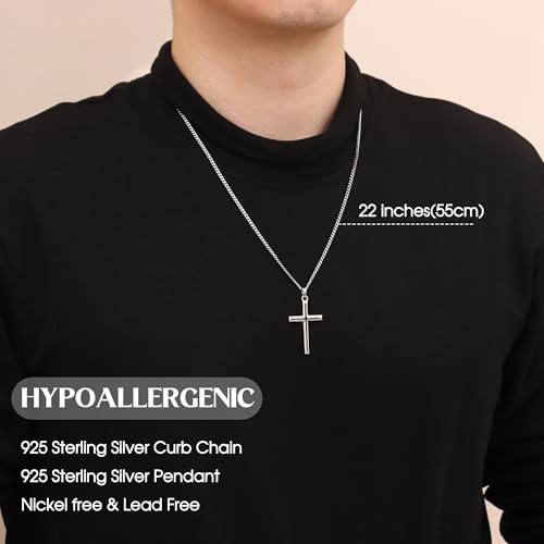MILACOLATO Solid 925 Sterling Silver Cross Necklace for Men Women, 2mm Diamond-Cut Sterling Silver Chain with Cross Pendant Beveled Edge for Men, Silver Crucifix Cross Necklace Jewelry 16-24 Inches (Cuban Link Curb Chain/Figaro Link Chain/Wheat Chain/Rolo Chain)2