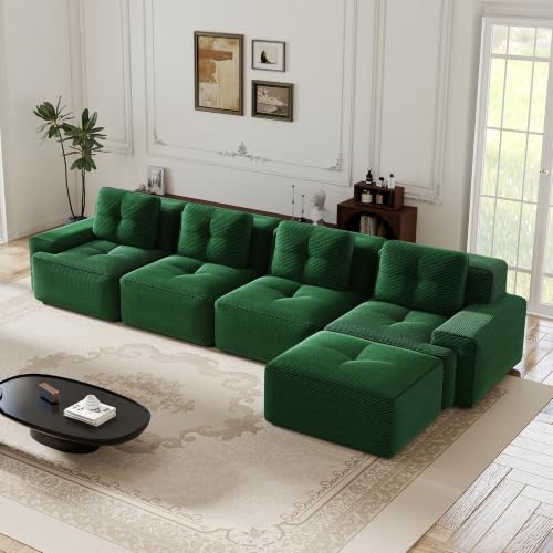 Image of 153 inch L-Shaped 4-Seater Modular Boneless Couch with Ottoman, Soft Corduroy Cloud sectional Sofa, Oversized Deep Seat, No Assembly Anti-Slip Stable Sofa,Green