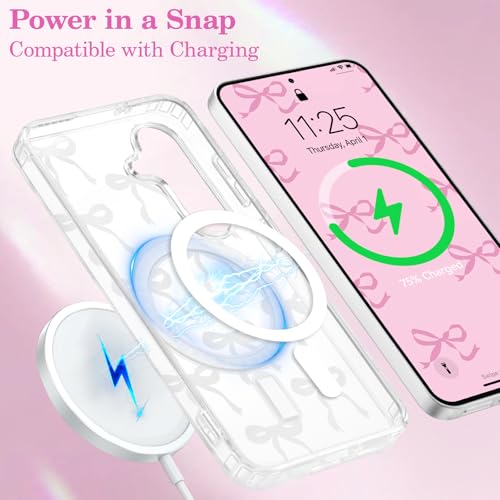 Image of UEEBAI Magnetic for Samsung Galaxy S25 Case, Bow Case Compatible with MagSafe, Wireless Slim Clear Ribbon Aesthetic Phone Case Anti-Yellowing Shockproof Protective Cover for Women Girl - Pink