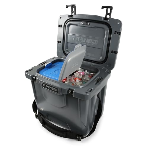 Titan PRO High Performance Ice Chest – 25 Quart Capacity – Hard Cooler with Interior LED Light, Ice Saver Performance Booster and Microban Protection – Granite Gray