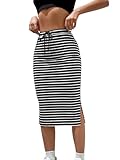 SHENHE Women's Striped Pencil Skirt with Slit Drawstring Waist Bodycon Knit Midi Skirt Black and White Small