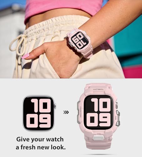 Image of ULTIMAL Rugged Band Compatible with Apple Watch Band 42mm Series 11 /10 with Case, Military-Grade Shockproof Strap for iWatch with Bumper Case Cover Men Women(Pink)