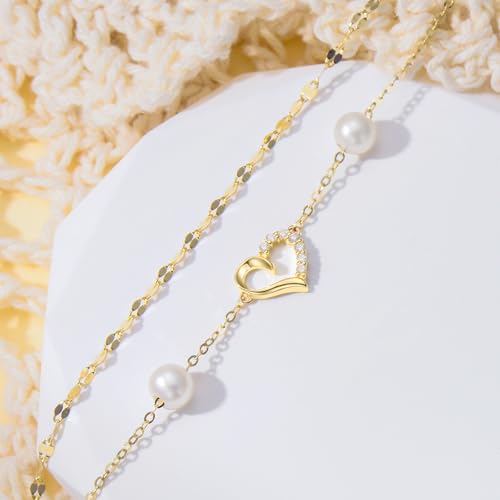 Image of SISGEM Real 14k Gold Natural Diamond Heart Layered Anklet for Women, Love Ankle Bracelets Gifts for Her, 9+1+1 Inches