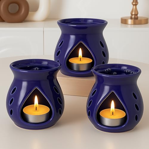 Image of Floryn Decor Ceramic Diffuser with Free 3 Tealight Candles | Home Fragrance, Spa, Office & Yoga | Aromatherapy Gift Set of 3 (Blue)