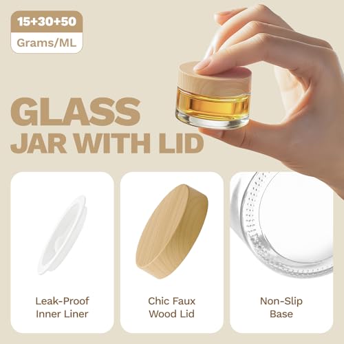 Bumobum 6-Pcs Glass Cosmetic Jars with Plastic Wood-Grain Lids – Refillable Travel Jars for Creams, Lotions, Skincare & DIY (15ml/30ml/50ml)4