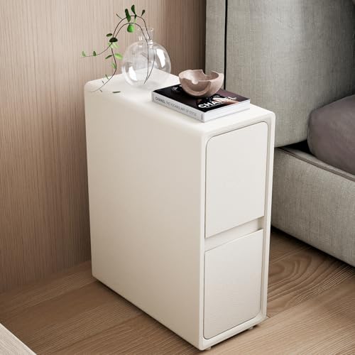 IGTOPS table Étroite de chevet et d'appoint en cuir massif - Tiroirs en bois - Blanc (50 x 40 x 25 cm)