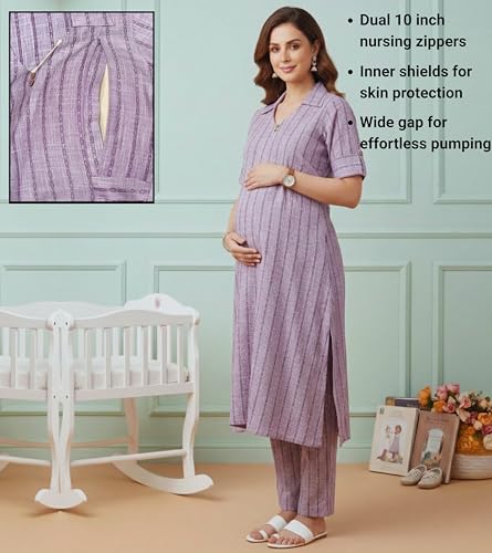 Image of DUMMY SHAPE Feeding Dresses for Women Full Set | Cotton Blend Maternity Kurta Pant Suit with Dual Nursing Zippers, Side Pocket to Pre & Post Pregnancy | Mom to Be Gifts