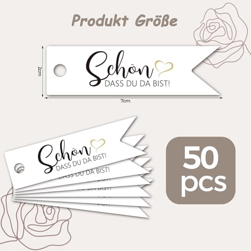 ALEGRE® 50 Stück Schön Dass Du Da Bist Anhänger Hochzeit Geschenkanhänger mit 10m Juteseil, Schön Dass Du Da Bist Gastgeschenk Etiketten Tags für DIY Hochzeitsdeko, Geburtstag, JGA, Taufe Geschenk
